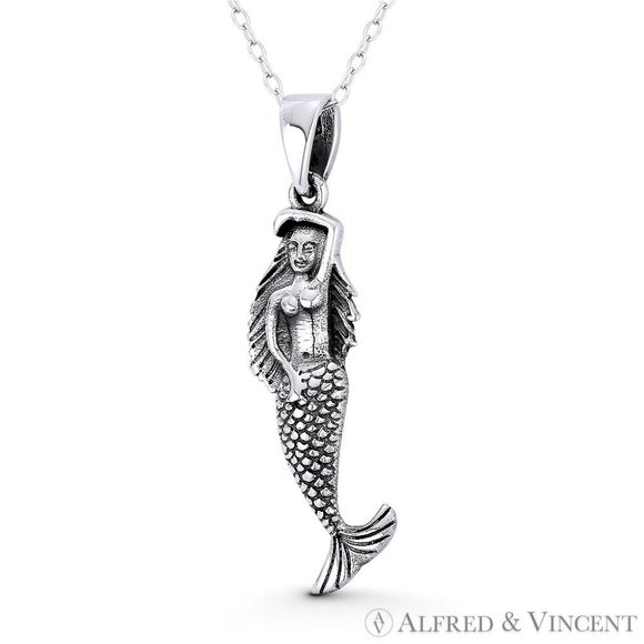 Mermaid / Siren Mythical Creature Charm Pendant in Oxidized .925 Sterling Silver - Picture 1 of 1